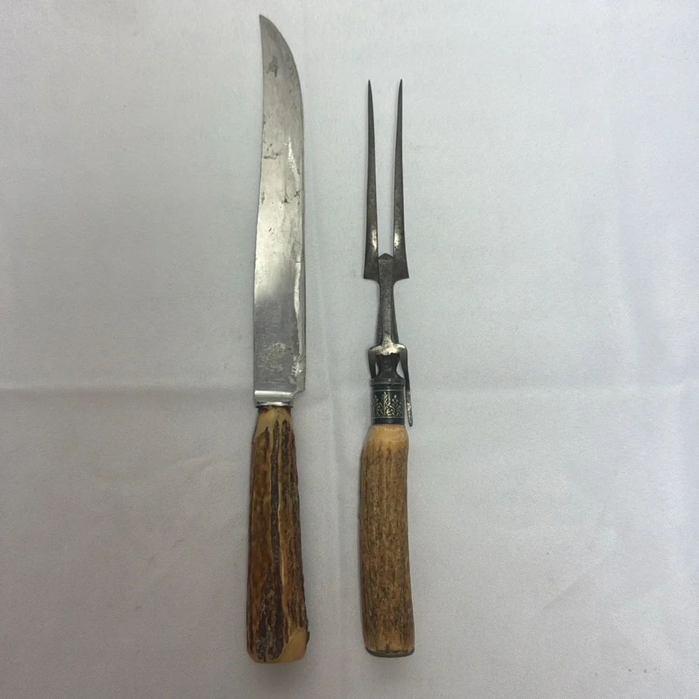Vintage Antler Handle Knife and Fork Set Carving Set